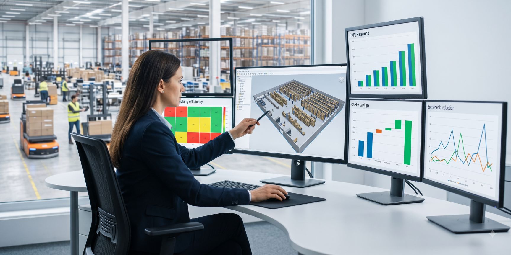 Logistics planner analyzes hall simulation on a workstation. Monitors show graphical ROI and CAPEX data for contract logistics optimization.